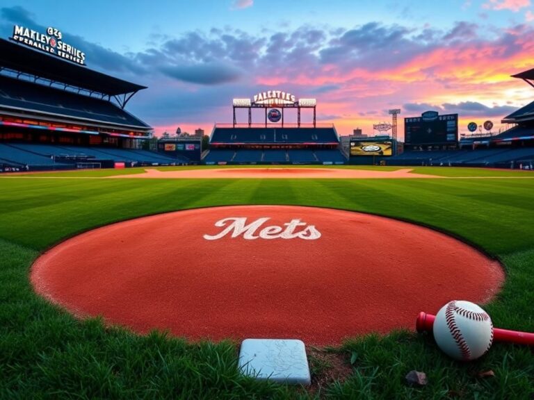 Flick International Baseball field at twilight with the 1986 Mets logo on the pitcher's mound
