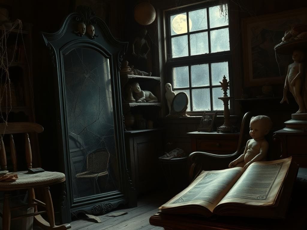 Flick International Dimly lit antique shop with a cracked mirror and eerie baby figures