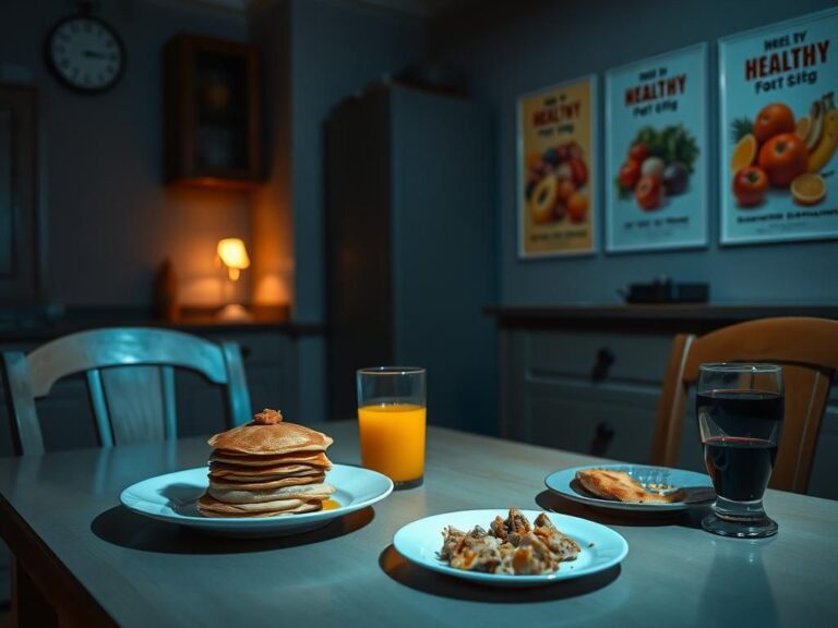 Flick International Dimly lit kitchen scene with untouched breakfast items and late-night dinner remnants
