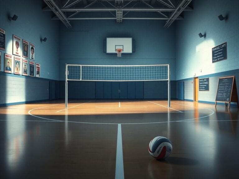 Flick International Empty high school volleyball court with net showcasing tension