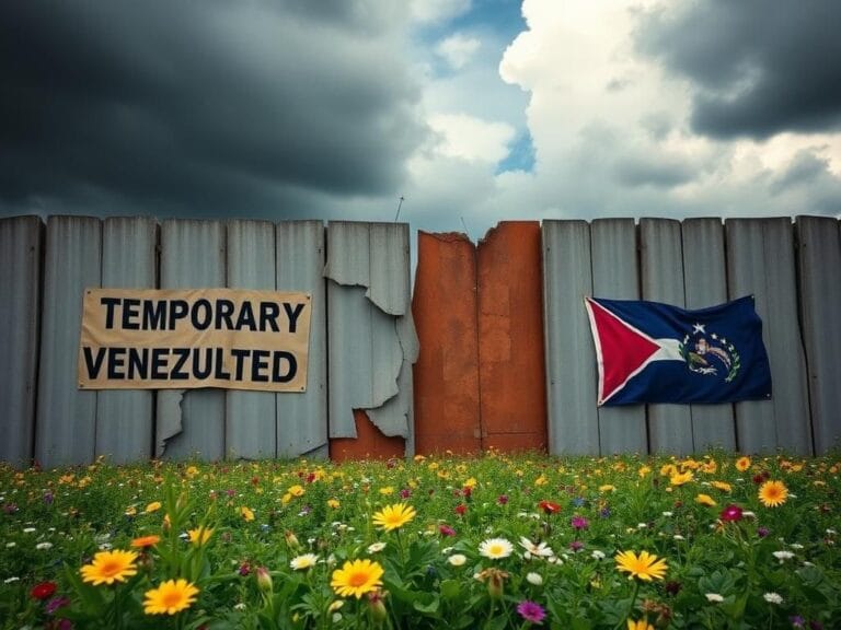 Flick International A crumbling wall with faded notices declaring 'Temporary Protected Status' alongside vibrant native flowers from Venezuela and Haiti.