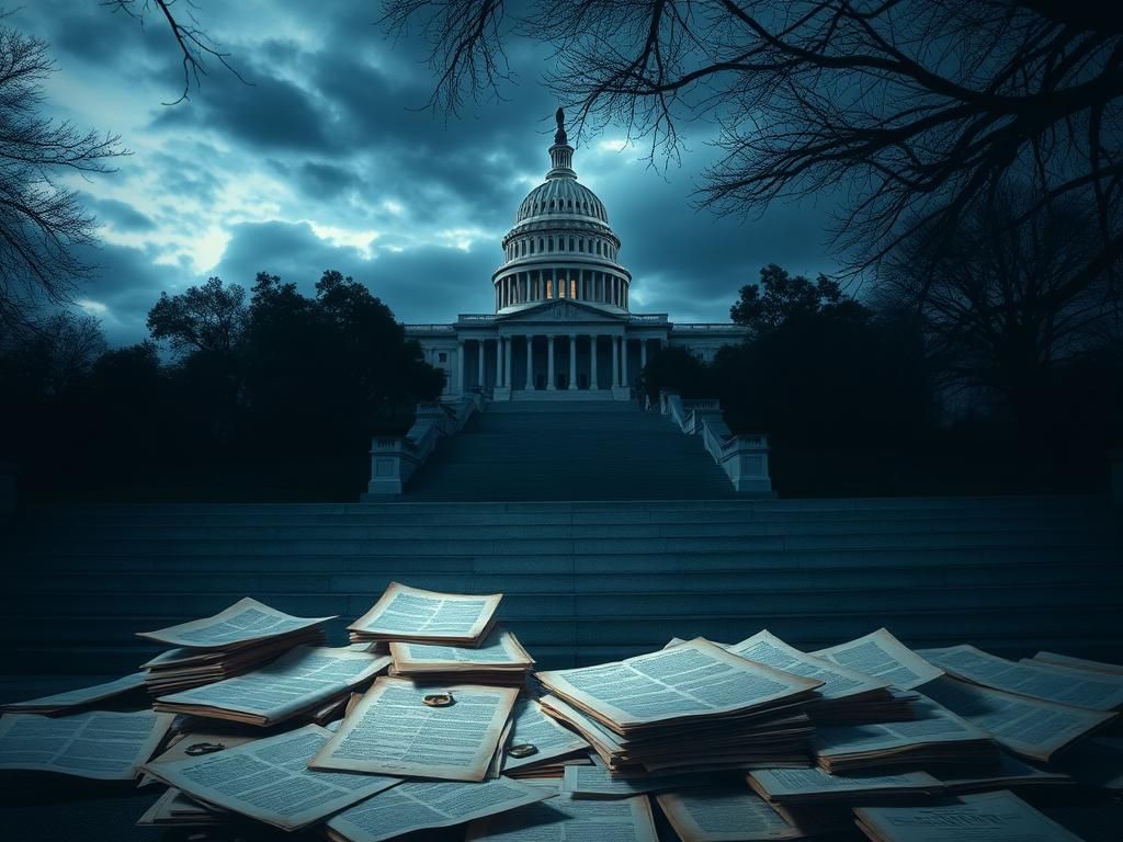 Flick International Dramatic scene of the U.S. Capitol building under ominous storm clouds with empty stone stairway and scattered Epstein files