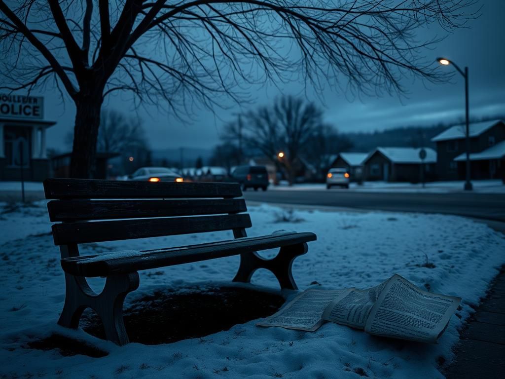 Flick International A somber Colorado neighborhood at dusk, featuring a weathered bench and a faint police station silhouette