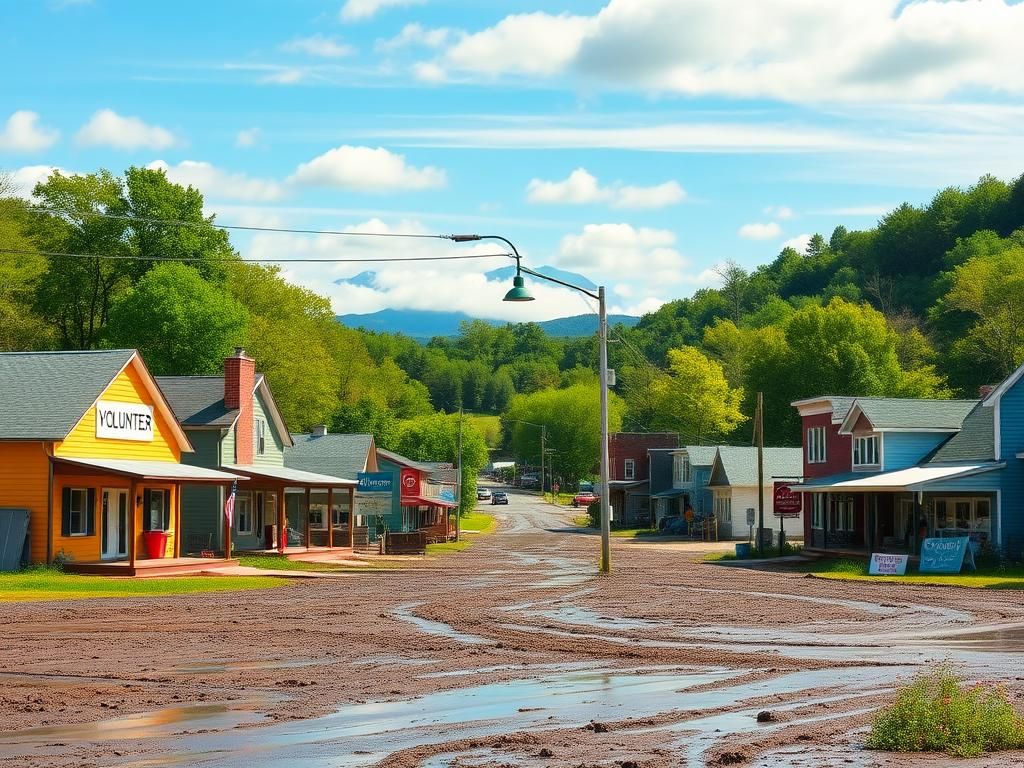 Flick International A serene Appalachian landscape showing partially reconstructed homes and businesses after Hurricane Helene.