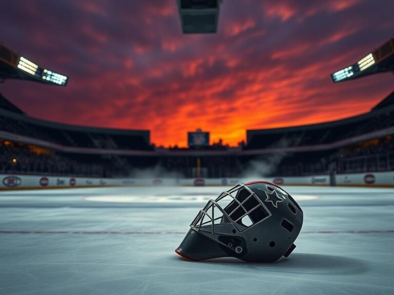 Flick International Vintage goalie mask resting on the ice in a serene hockey rink symbolizing Ken Dryden's career