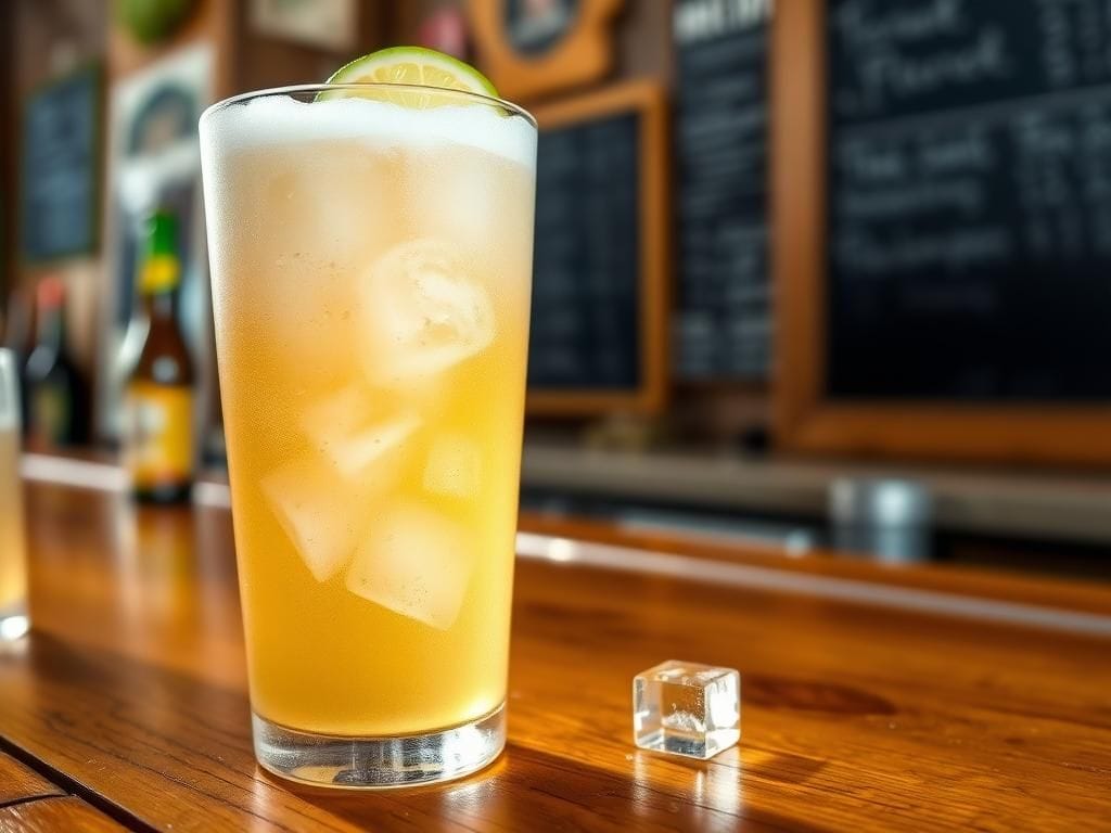 Flick International Close-up of a frosty beer glass filled with light lager and ice, garnished with a slice of lime.