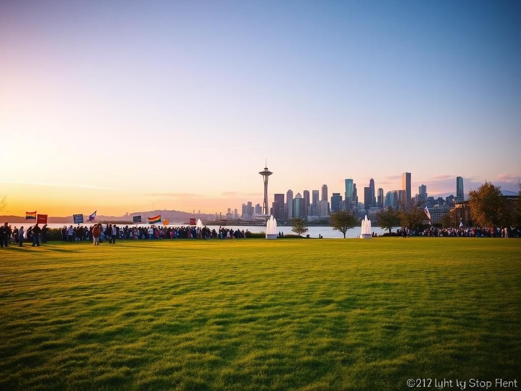 Flick International Peaceful worship rally at Gas Works Park with protest signs in view