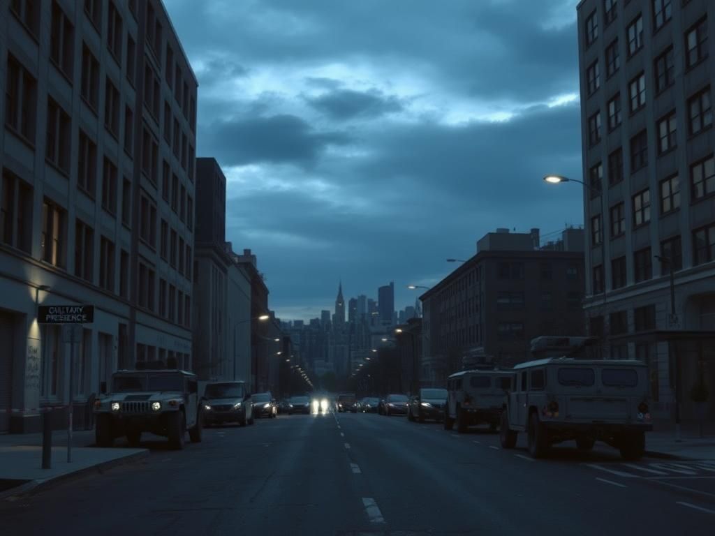 Flick International A tense urban landscape at dusk showing military vehicles on a city street