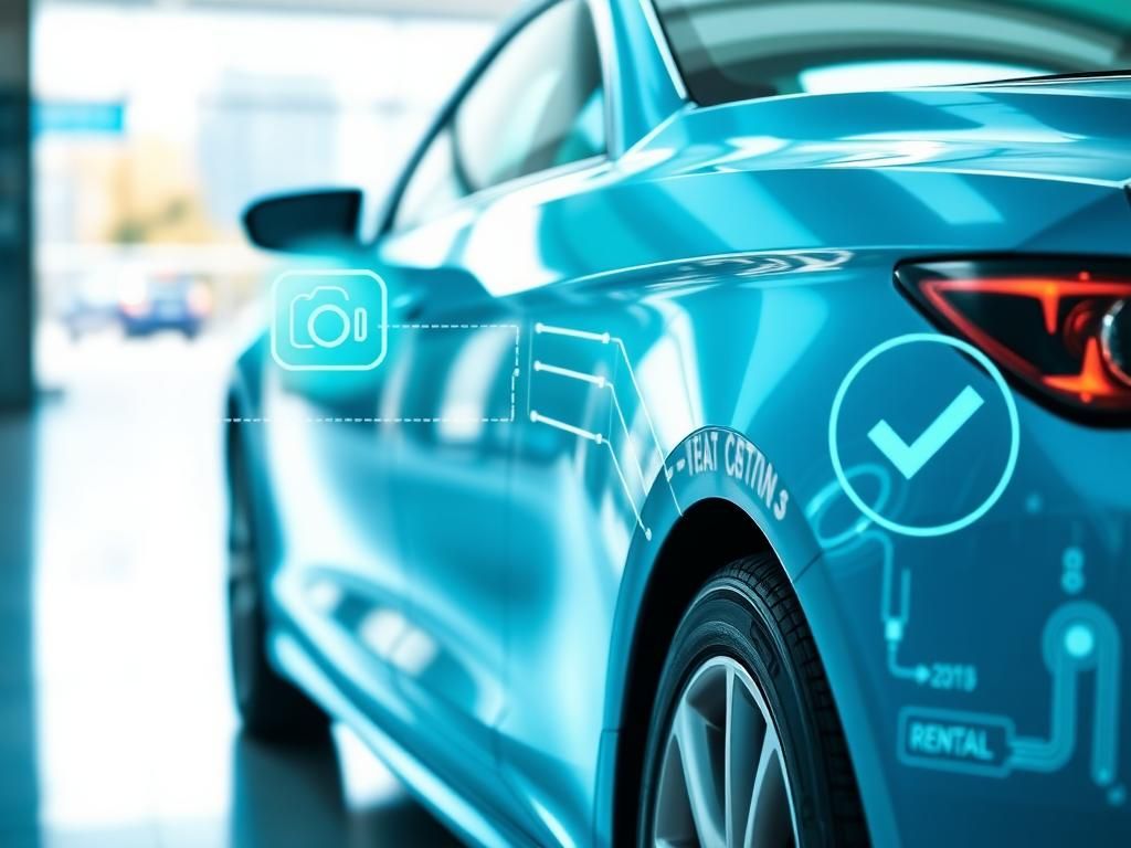 Flick International Close-up of a pristine rental car with digital icons representing AI technology