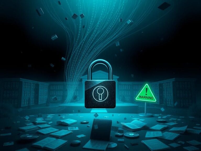 Flick International Dimly lit digital landscape depicting a fragmented university campus with floating data blocks representing exposed personal information.