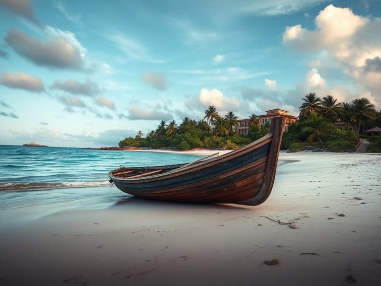 Flick International A serene view of a luxurious private island with an abandoned wooden boat on the sandy beach