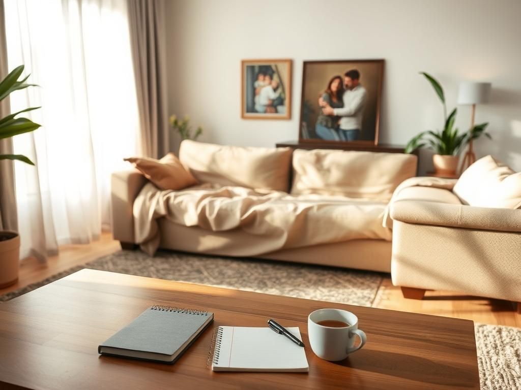 Flick International A serene living room with soft lighting and family photos on the coffee table