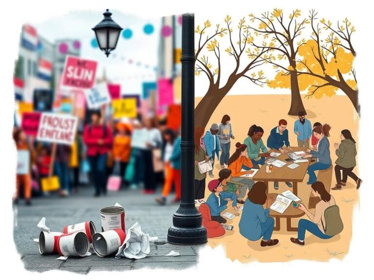 Flick International A split scene showing chaotic protesting on the left and a serene community gathering on the right