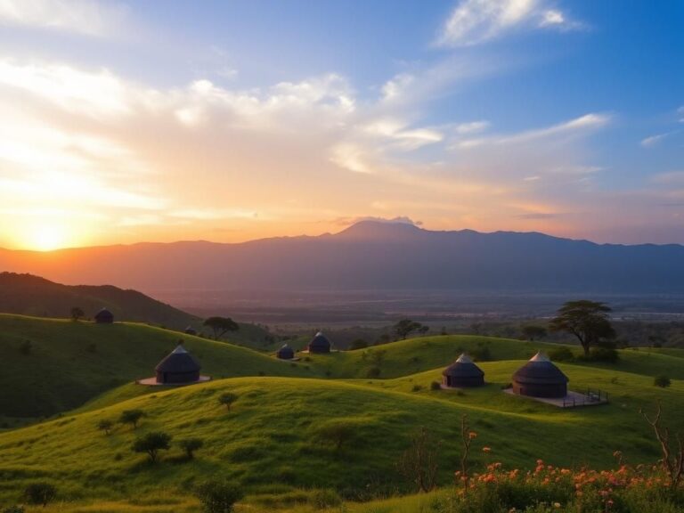 Flick International Serene landscape of Eswatini with traditional beehive-shaped huts and rolling hills