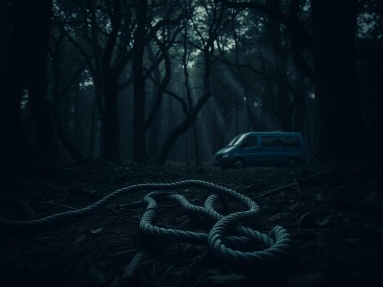 Flick International Dark forest scene with torn ropes symbolizing a desperate escape from a serial killer