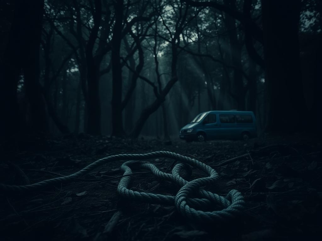 Flick International Dark forest scene with torn ropes symbolizing a desperate escape from a serial killer