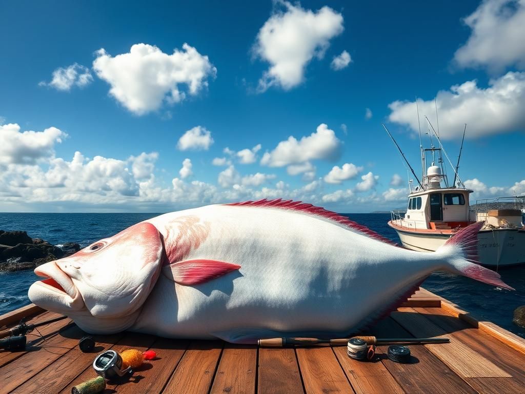 Flick International A massive 177-pound Atlantic halibut lying on a wooden dock under bright sunlight.