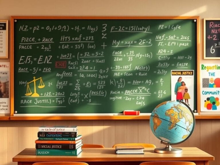 Flick International Classroom setting with complex math equations and social justice symbols