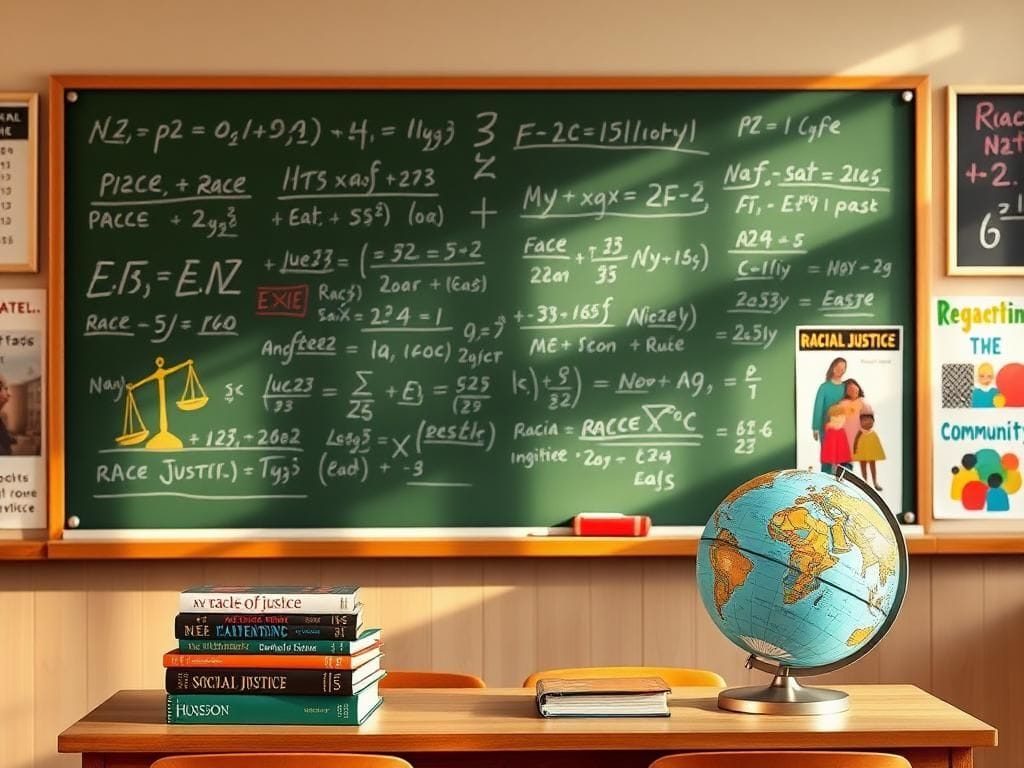 Flick International Classroom setting with complex math equations and social justice symbols
