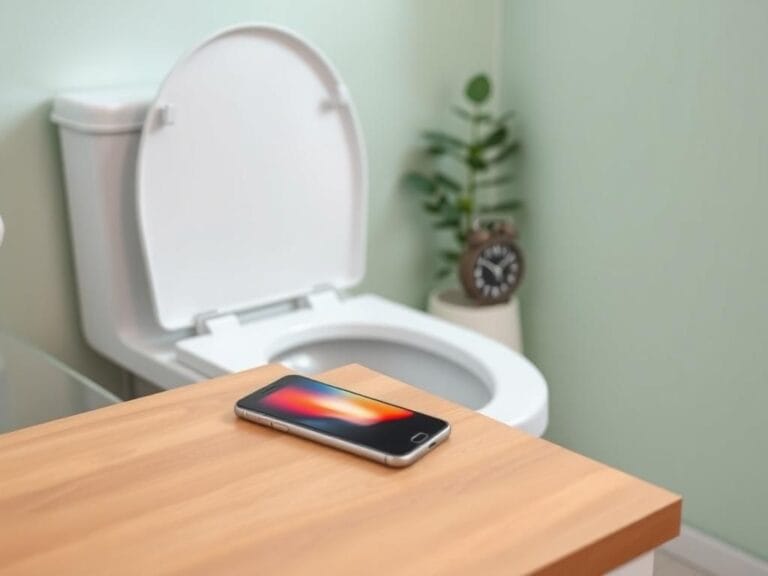 Flick International Serene bathroom scene with a smartphone on a wooden countertop