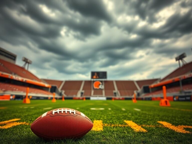 Flick International Cleveland Browns-themed football field with dramatic skies and a well-worn football symbolizing resilience