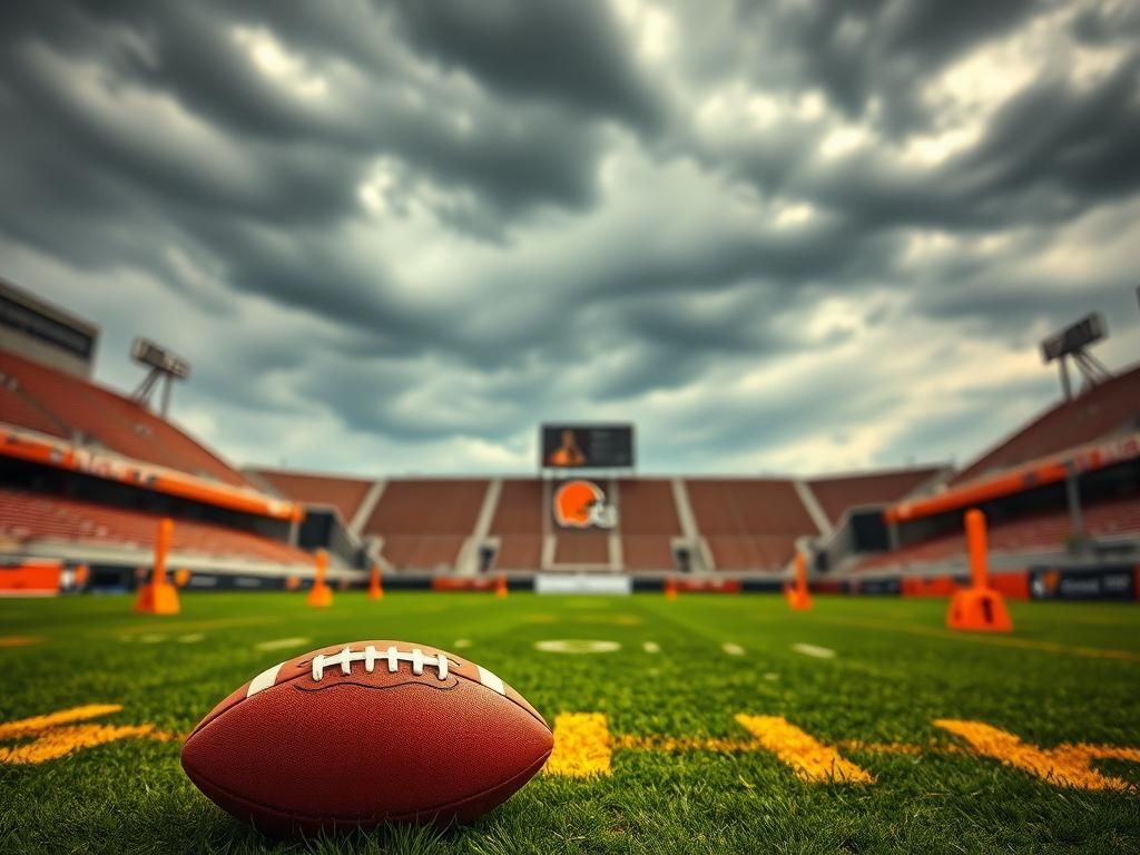 Flick International Cleveland Browns-themed football field with dramatic skies and a well-worn football symbolizing resilience