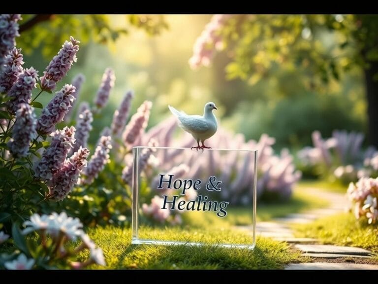 Flick International A delicate white dove perched on a glass memorial stone in a botanical garden symbolizing hope and healing.