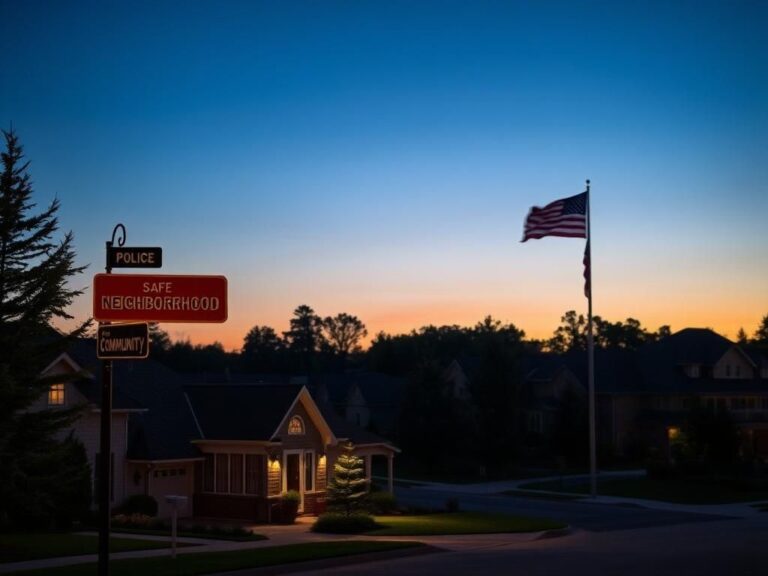 Flick International Tranquil suburban neighborhood at dusk with a police station in view