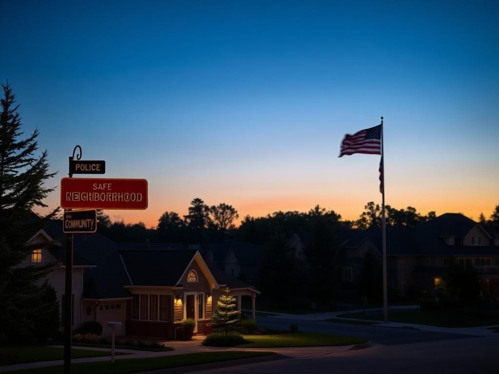 Flick International Tranquil suburban neighborhood at dusk with a police station in view