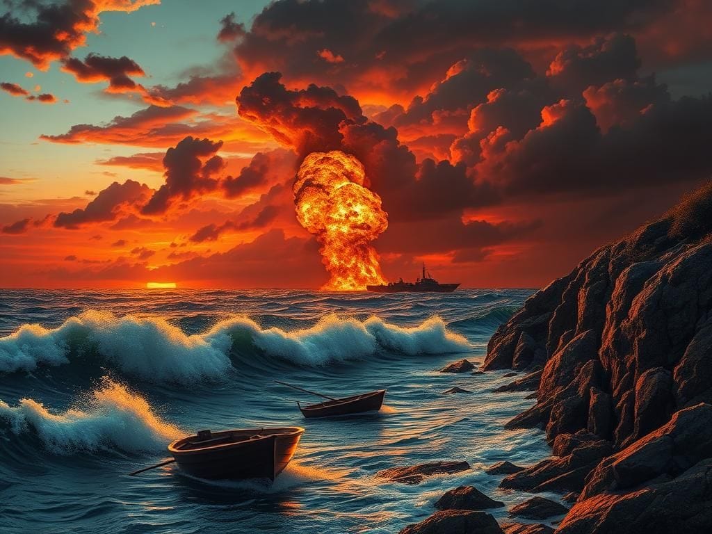 Flick International Dramatic coastal scene with fiery explosion symbolizing military action against drug cartels