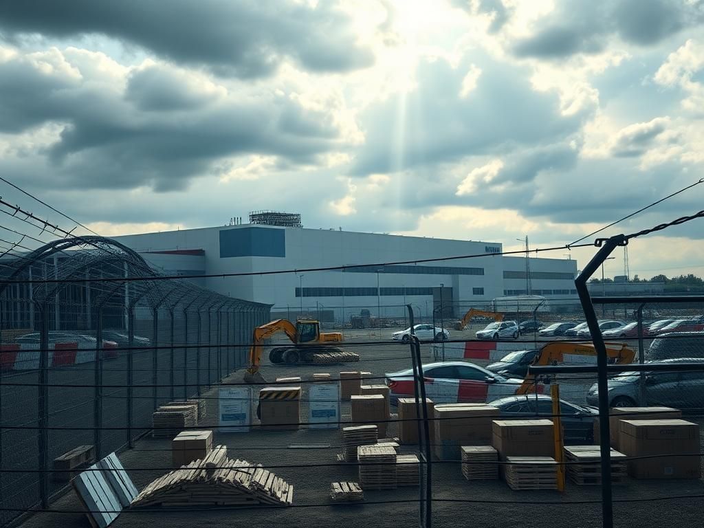 Flick International Large automotive manufacturing facility with barbed wire and security fencing