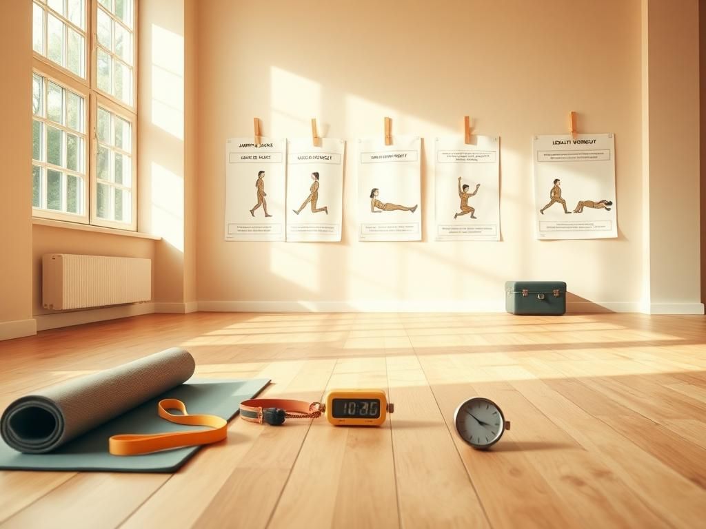 Flick International Vintage workout area featuring classic fitness equipment from the 1960s, including a yoga mat and resistance bands.