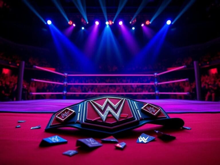 Flick International Dramatic wrestling ring illuminated by blue and purple lights with a championship belt on the mat