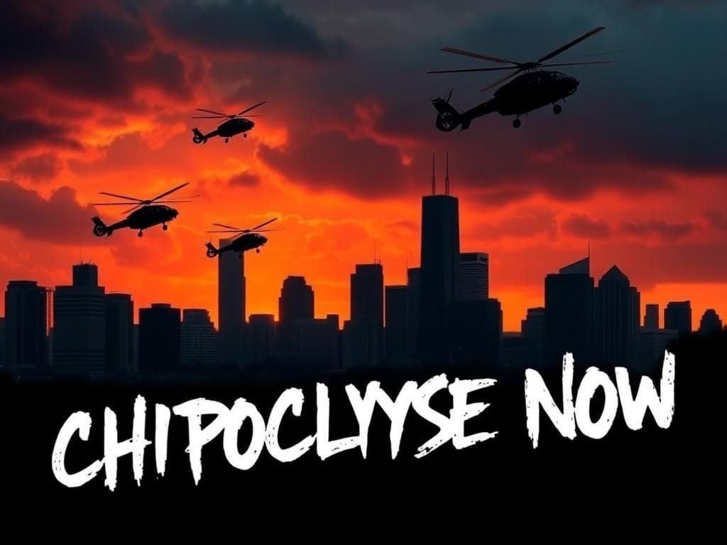 Flick International Dramatic Chicago skyline with storm clouds and military helicopters symbolizing political tension