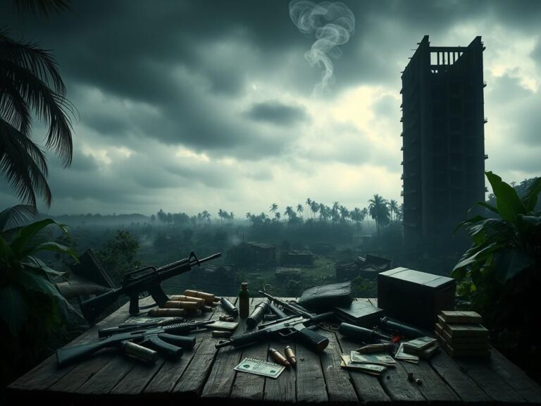 Flick International A dark and somber symbolic representation of conflict in a crumbling urban environment with tropical vegetation.