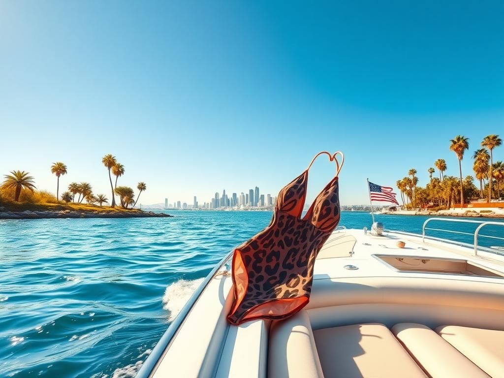 Flick International Sharon Stone wearing an animal-print swimsuit on a luxury boat in Los Angeles