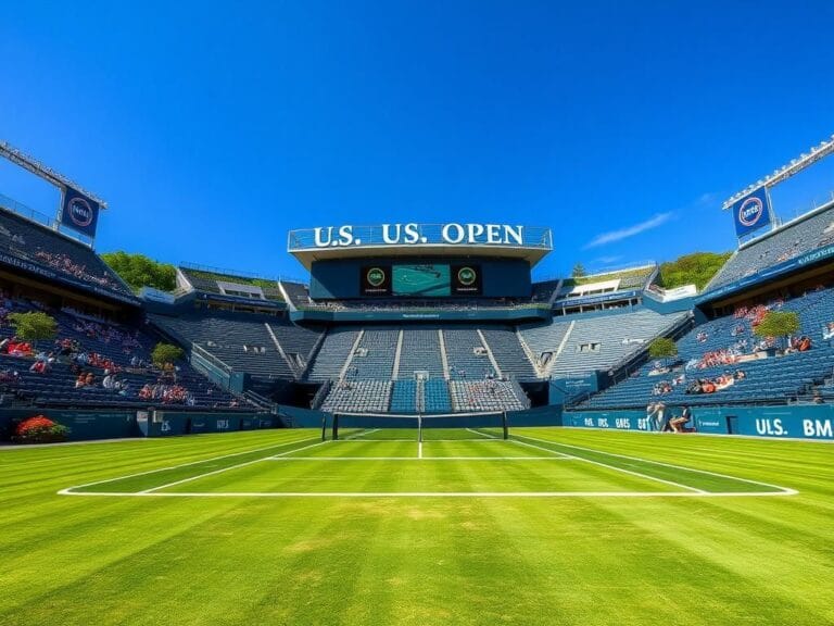 Flick International A vibrant view of the Billie Jean King National Tennis Center during the U.S. Open, capturing the pristine green tennis court and empty grandstands.