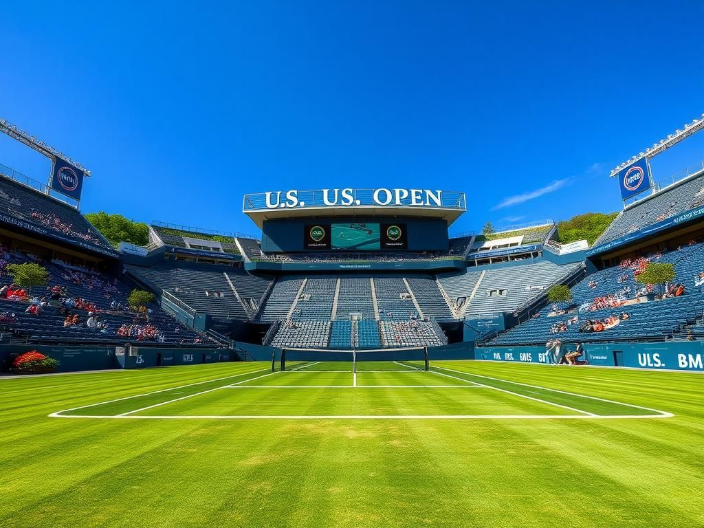 Flick International A vibrant view of the Billie Jean King National Tennis Center during the U.S. Open, capturing the pristine green tennis court and empty grandstands.