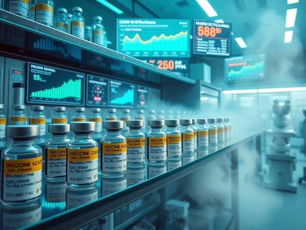 Flick International A futuristic pharmaceutical lab featuring vials of COVID-19 vaccines on glass shelves.