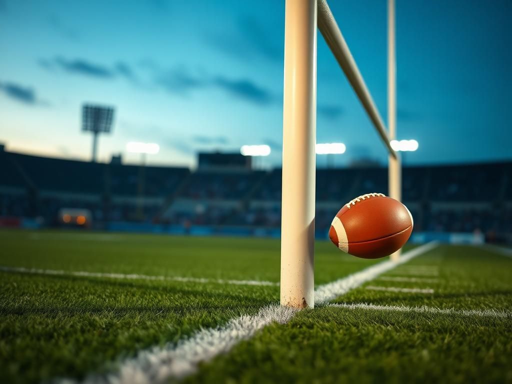 Flick International Close-up view of a football field showing goal post with a football soaring wide right.