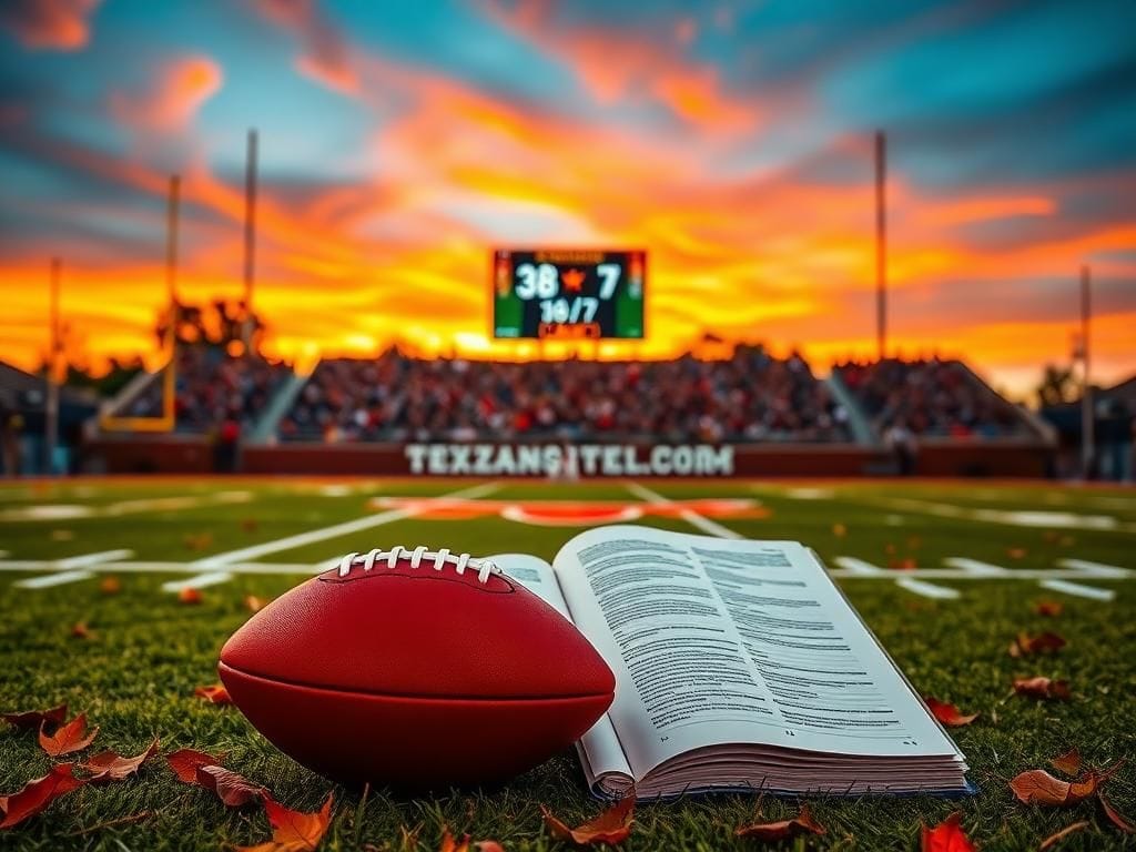 Flick International Texas Longhorns football field with sunset and football playbook