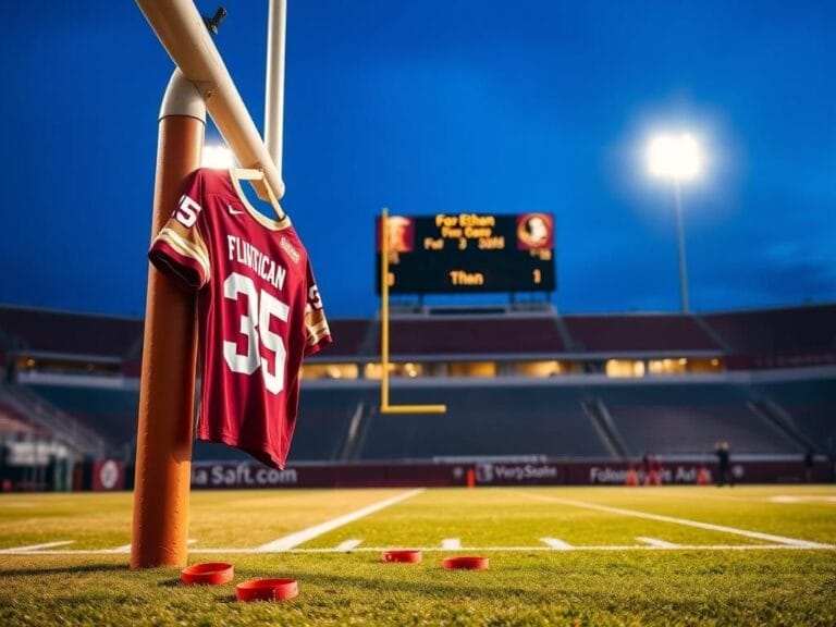 Flick International Empty football field under stadium lights with a No. 35 jersey hanging from a goalpost