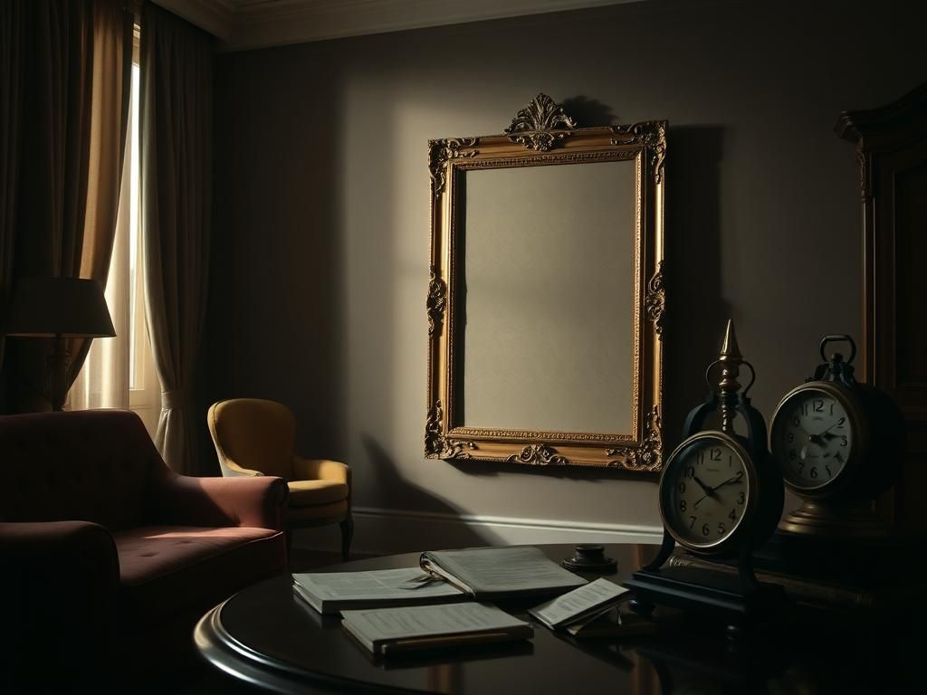 Flick International A dimly lit luxurious living room showcasing an ornate frame on the wall