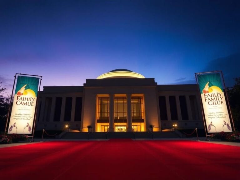 Flick International A grand exterior view of the Kennedy Center illuminated against a twilight sky