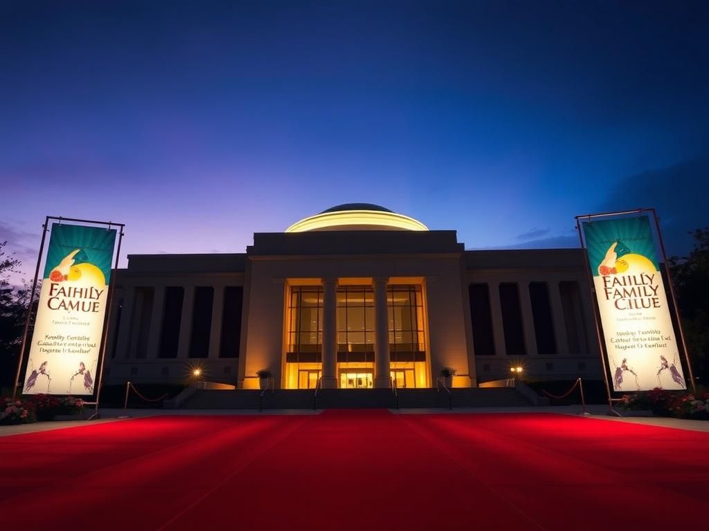 Flick International A grand exterior view of the Kennedy Center illuminated against a twilight sky