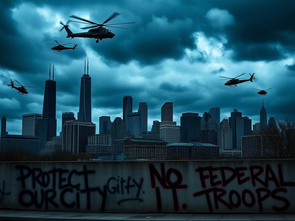Flick International Dramatic urban scene of the Chicago skyline with dark clouds and military helicopters