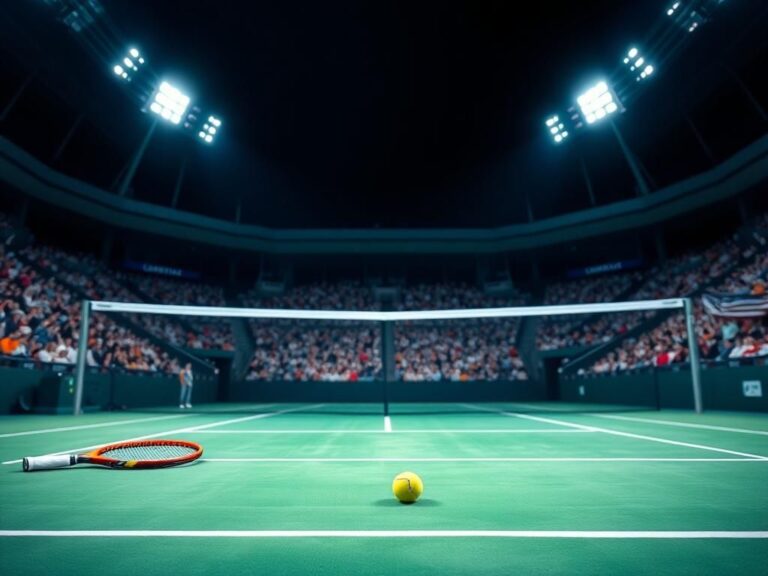 Flick International Dramatic tennis court scene at night during the 2025 U.S. Open final between Aryna Sabalenka and Amanda Anisimova