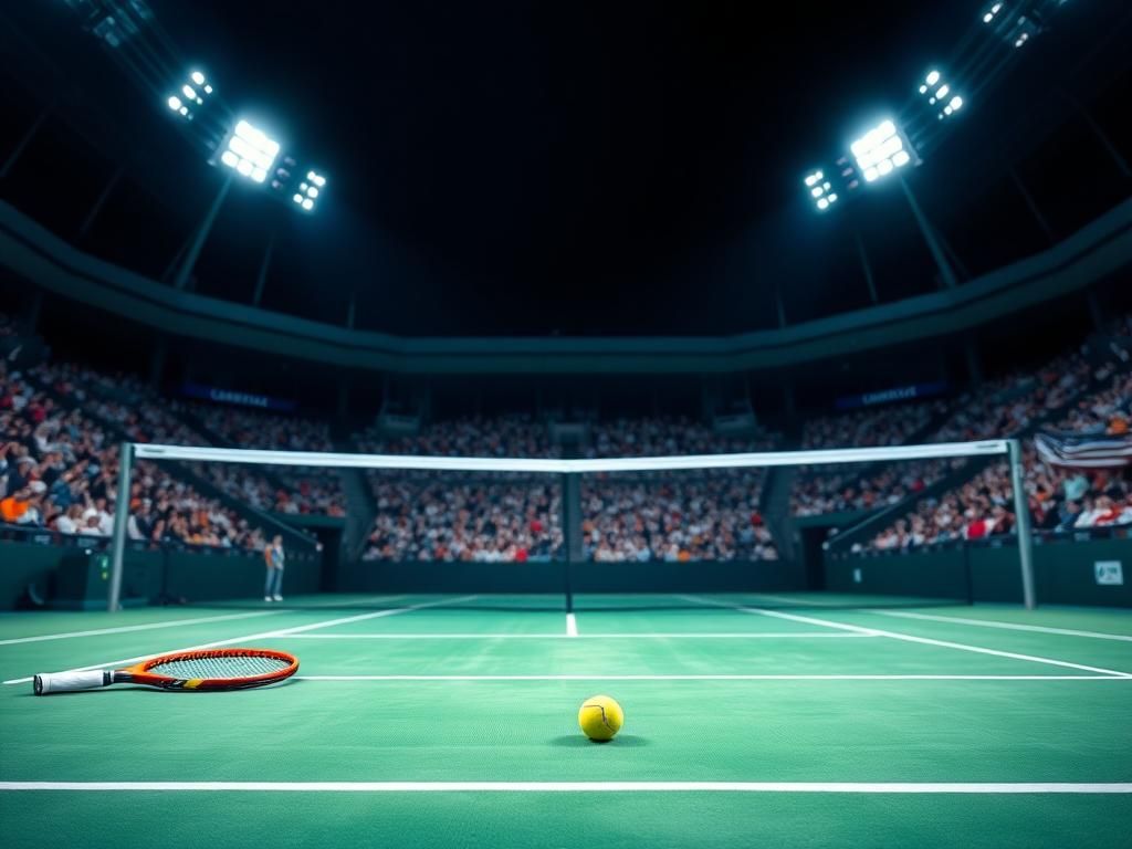 Flick International Dramatic tennis court scene at night during the 2025 U.S. Open final between Aryna Sabalenka and Amanda Anisimova