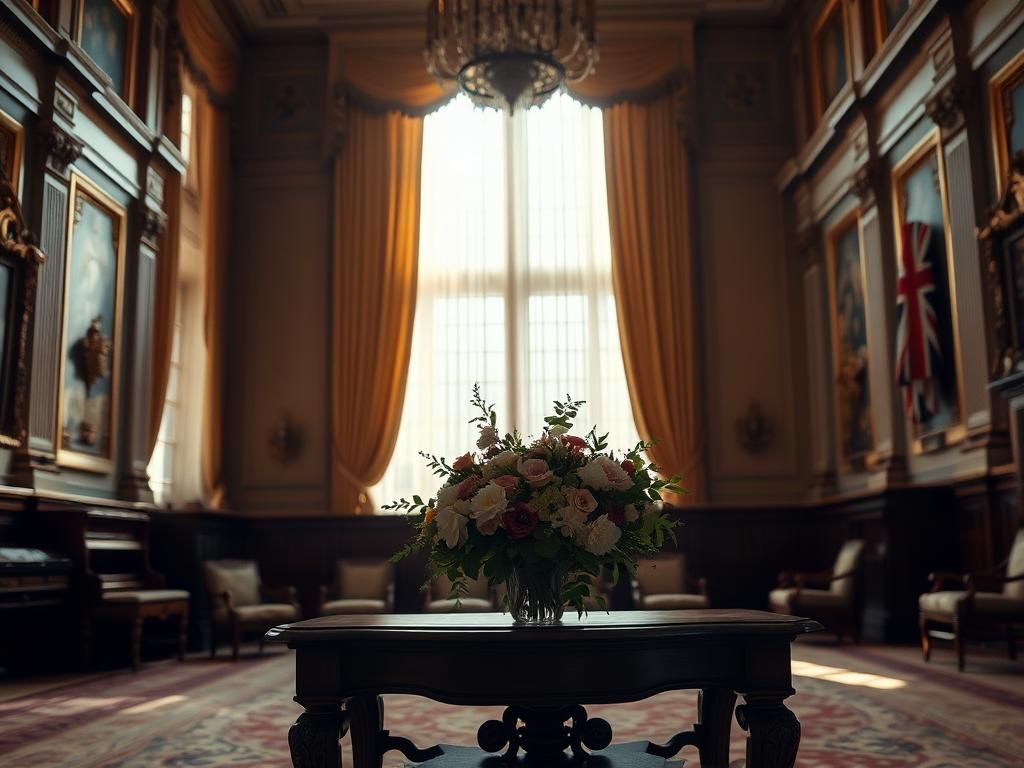 Flick International Beautifully arranged bouquet of flowers in a grand palace setting, symbolizing royal duty and service