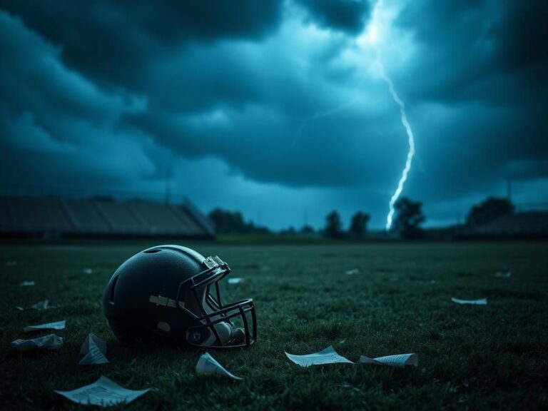 Flick International Abandoned football helmet on a darkened field symbolizes hazing allegations